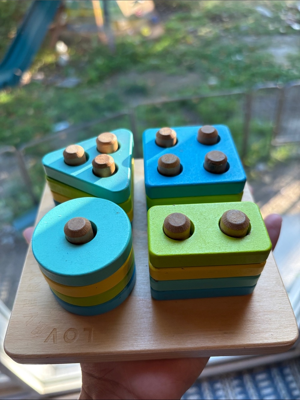 Lovevery Wooden Shape Stacking Puzzle - Blue & Green Kids Toy